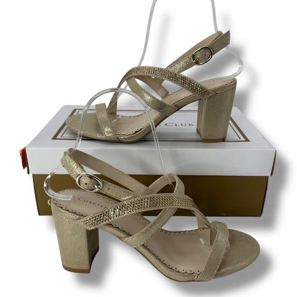 NEW Charter Club Gold Strappy Heels Size 6 Fancy dressy Open Toe Sandals Sleek - Picture 1 of 12